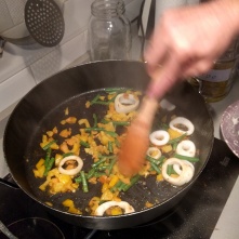 Pan searing veggies and squid